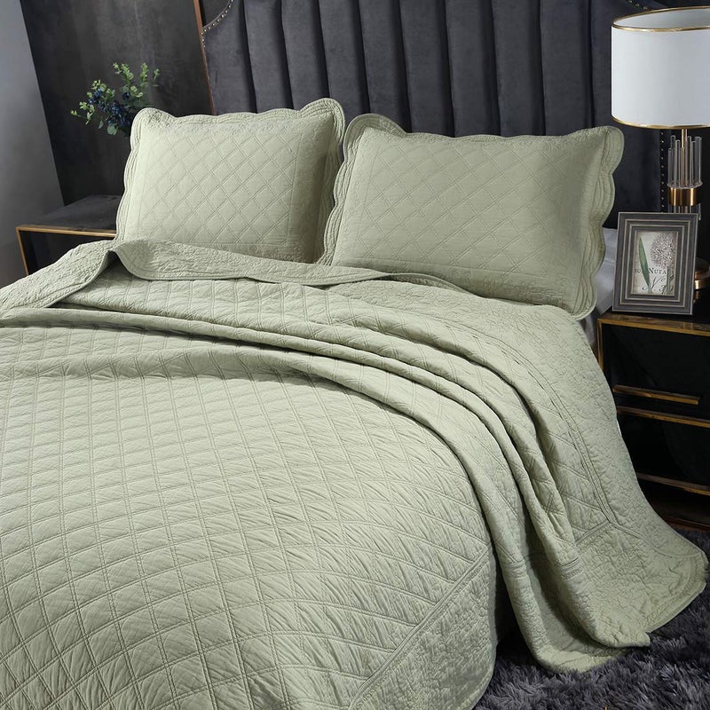 vctops 100% Cotton Floral Embroidered Quilt Set 3-Piece Oversize Queen Size Reversible Diamond Pattern Quilted Bedspread Coverlet Bed Cover (Oversize Queen,Green) - Image 2